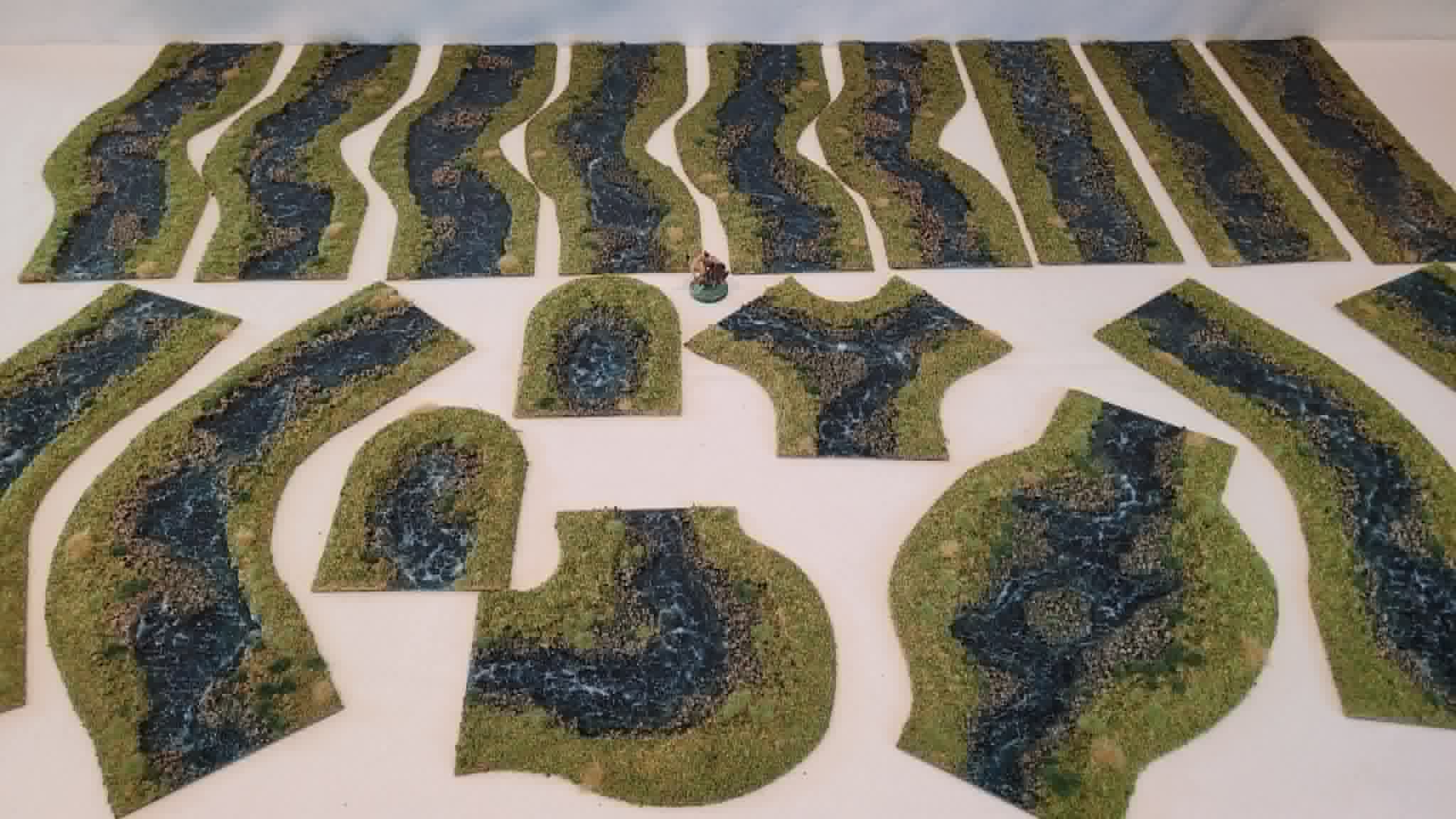 Over 15ft of Handmade 28mm Stream Set — 18-Piece Flocked River Terrain with Bends, Forks, Ponds & Springs | Wargaming & RPG Water Features