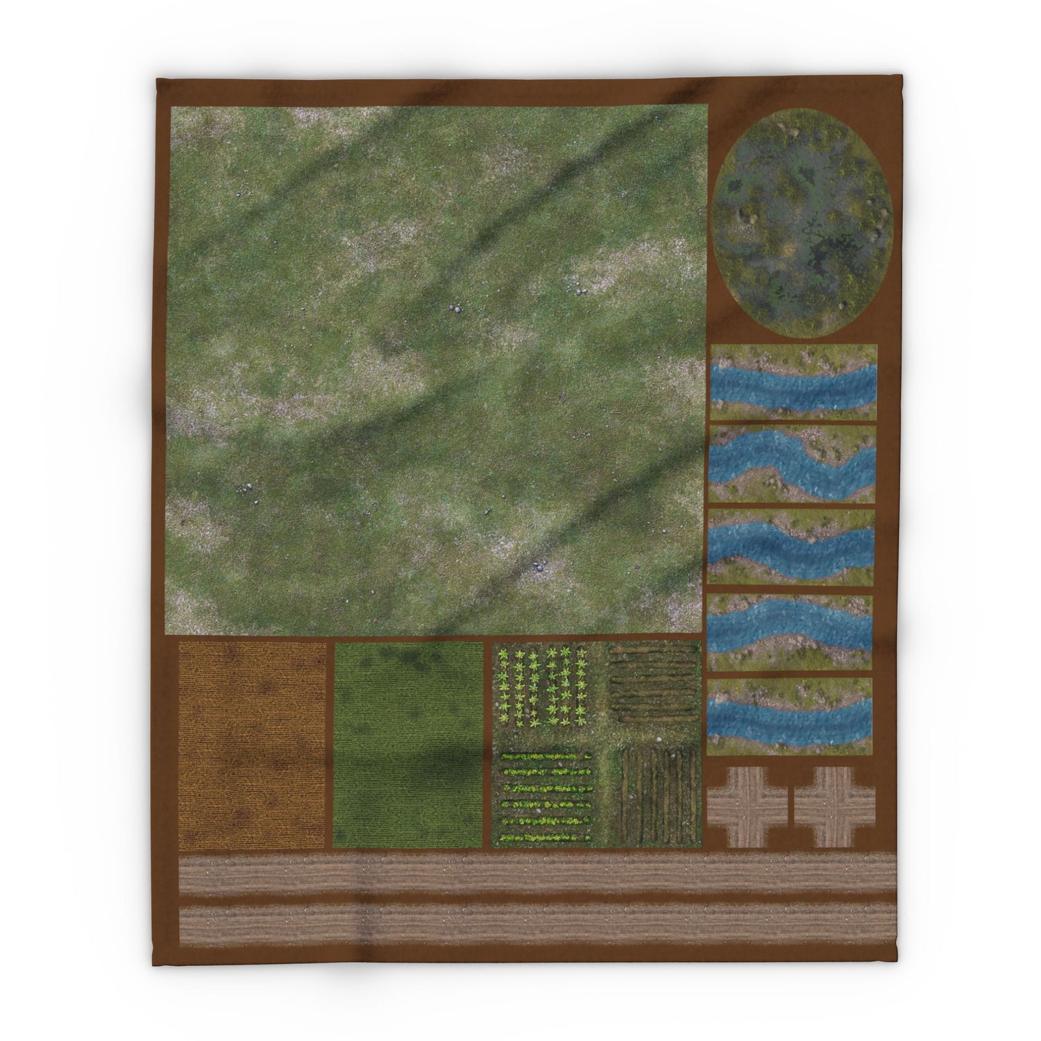 FeltPro Starter Combo Mat 50x60 felt sheet with 3x3 grassland battlefield, stream sections, dirt roads with intersections, farm fields, and marsh pond for skirmish wargaming