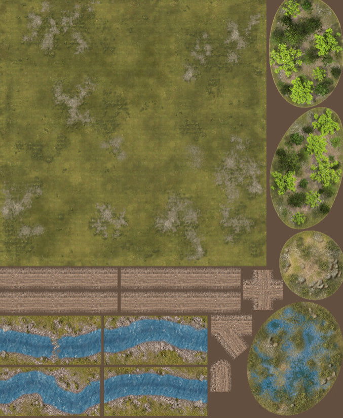 FeltPro Cut & Play One-Sheet Battlefield 2.0 showing 3x3 grass play field with cuttable river sections, dirt roads, woodland and bog terrain footprints