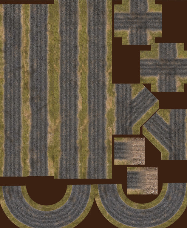 FeltPro Cut and Play Cobblestone Roads on 50 by 60 inch felt sheet with 4 inch stone roadbed, 42 inch straights, grass verge, intersections, curves, and cobblestone-to-dirt transition piece for Napoleonic, ACW, and historical wargaming