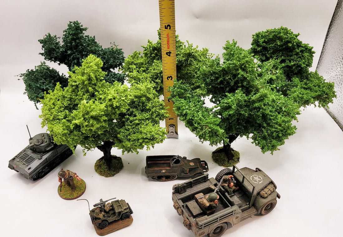 Handmade Wargaming Trees – Set of 5 Smalls | Weighted Bases | 28mm / 15mm Tabletop Terrain