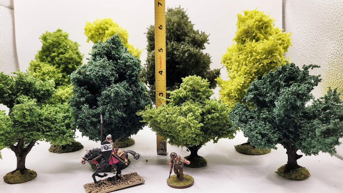 Handmade Wargaming Trees – Set of 8 | Weighted Bases | 28mm / 15mm Tabletop Terrain
