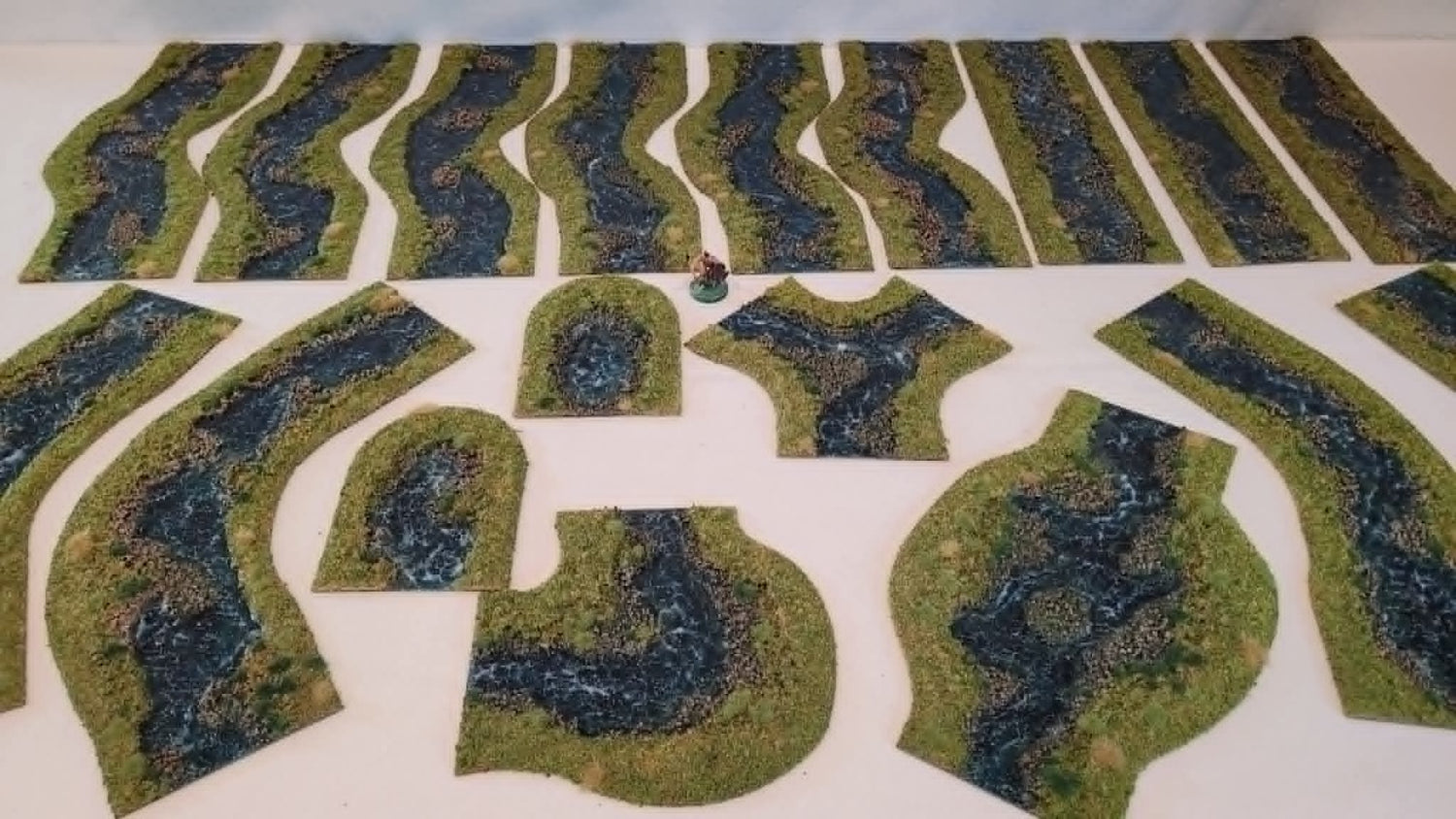 Over 15ft of Handmade 28mm Stream Set — 18-Piece Flocked River Terrain with Bends, Forks, Ponds &amp; Springs | Wargaming &amp; RPG Water Features