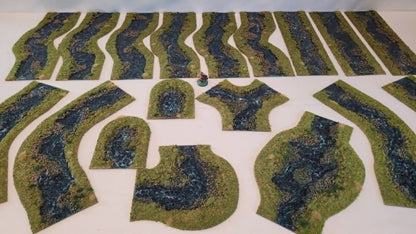 Over 15ft of Handmade 28mm Stream Set — 18-Piece Flocked River Terrain with Bends, Forks, Ponds &amp; Springs | Wargaming &amp; RPG Water Features