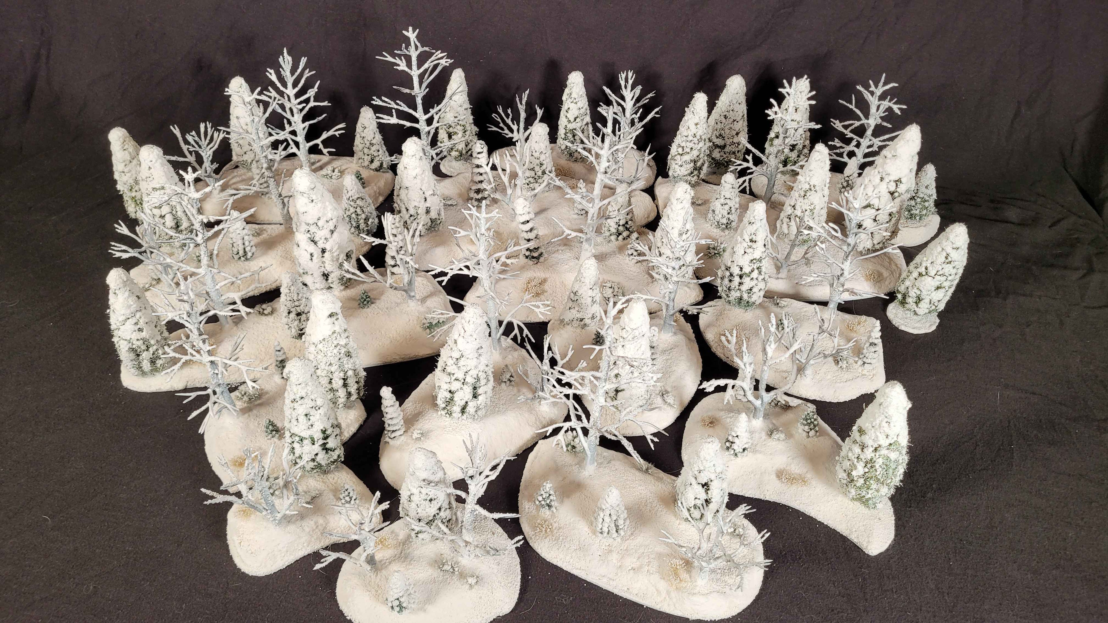 Winter Warfare Terrain Set – 20-Piece Hand-Made Snow Forest Collection (28mm, MDF Bases)