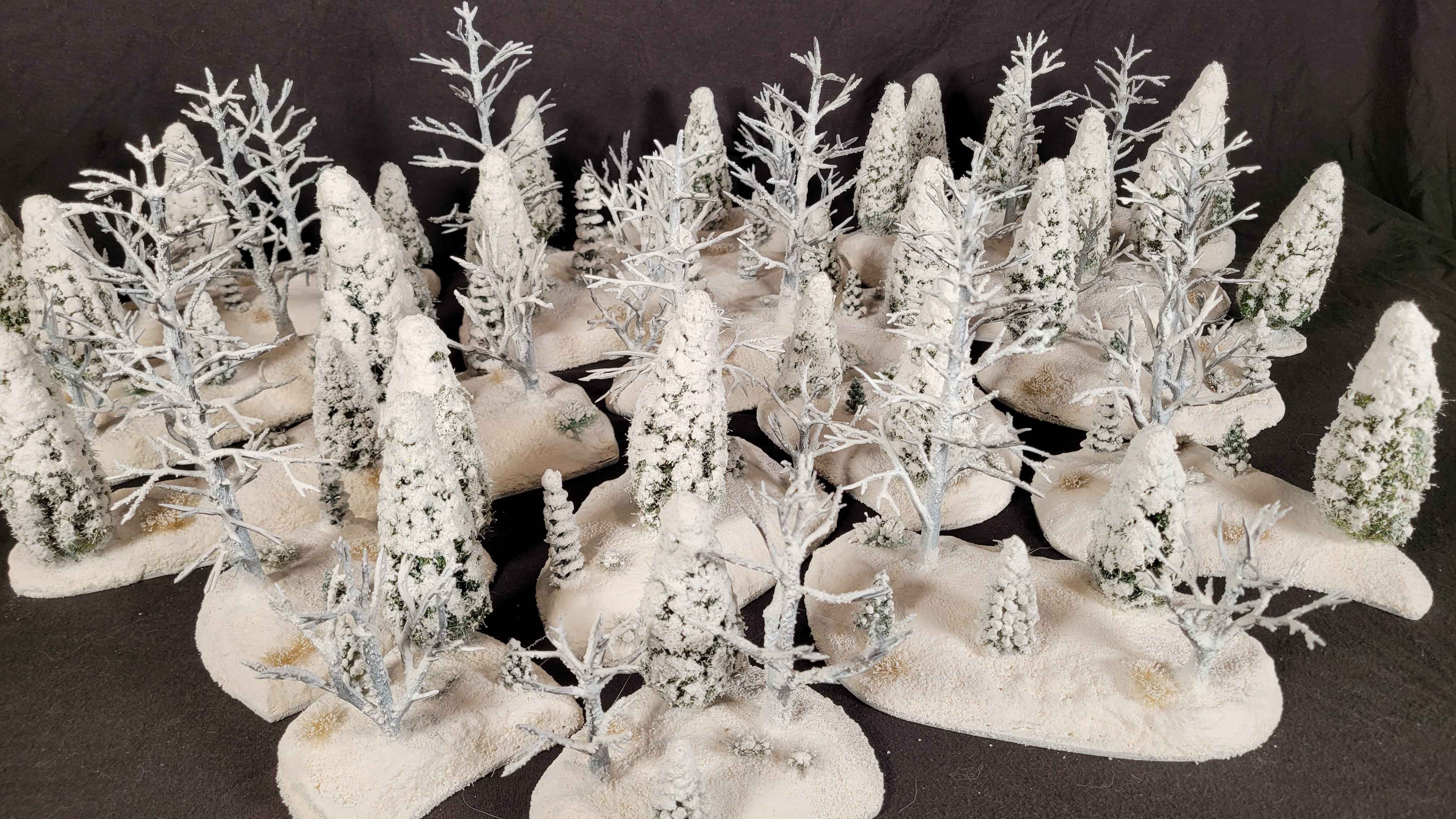 Winter Warfare Terrain Set – 20-Piece Hand-Made Snow Forest Collection (28mm, MDF Bases)