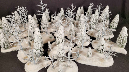 Winter Warfare Terrain Set – 20-Piece Hand-Made Snow Forest Collection (28mm, MDF Bases)