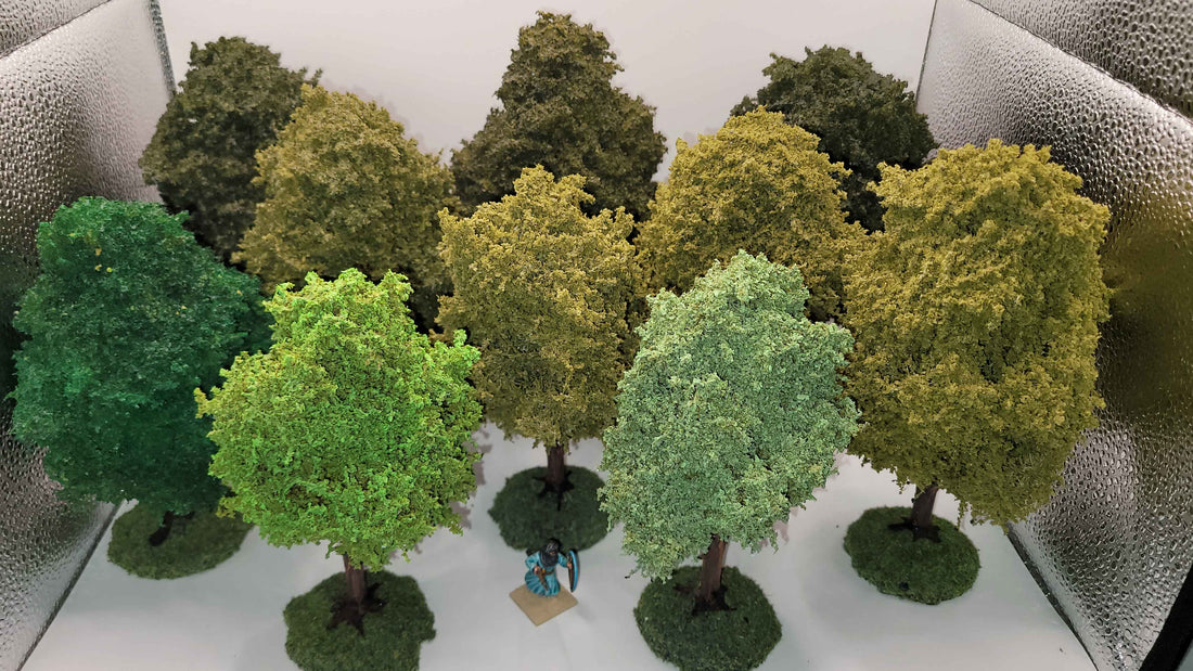 Truescale Deciduous Trees for 28mm Miniatures | 5-7" Durable Tabletop Terrain | MDF Base | Set of 10