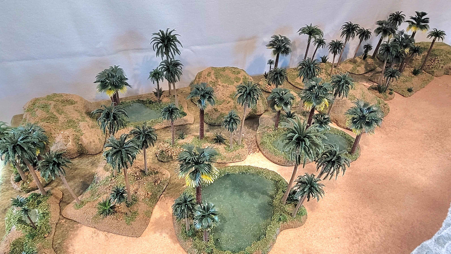 Oasis Terrain Set (18 Pieces) — Handmade, Palms, Resin Pools, MDF Based