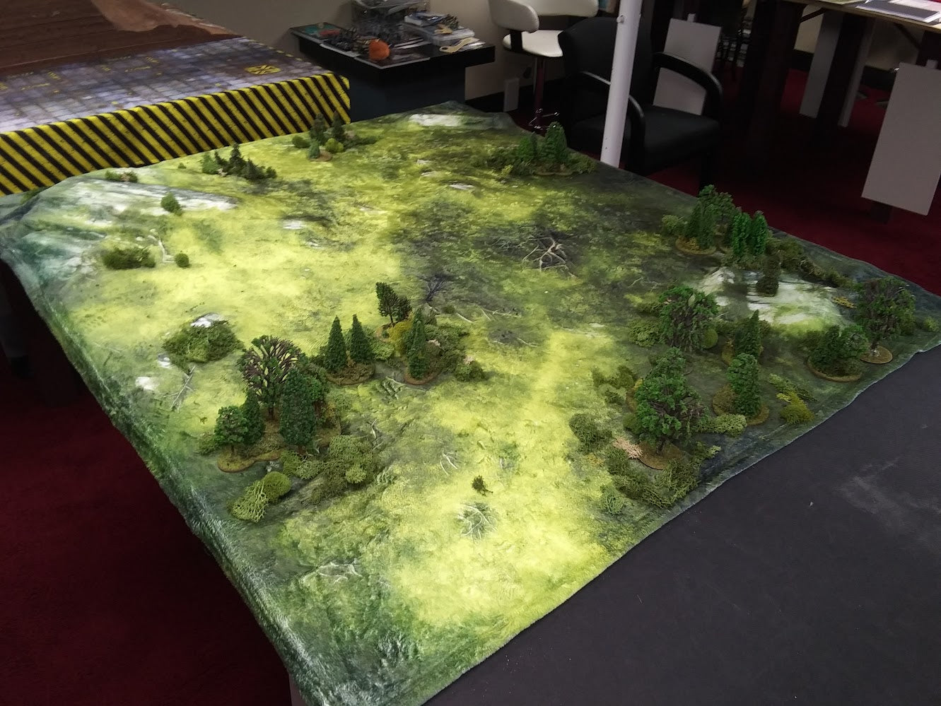 a table with a mountain scene on it