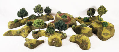 10 Piece Handcrafted Forest &amp; Hill Terrain Set – 28mm Wargaming Scenery