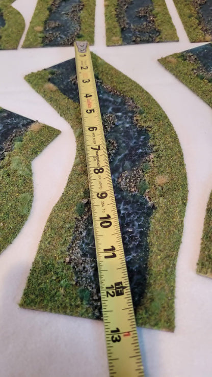 Over 15ft of Handmade 28mm Stream Set — 18-Piece Flocked River Terrain with Bends, Forks, Ponds &amp; Springs | Wargaming &amp; RPG Water Features
