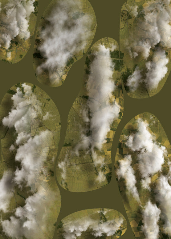 FeltPro Cut &amp; Play cloud sheet — white cumulus shapes printed over aerial countryside, cut out for air combat wargame cloud cover