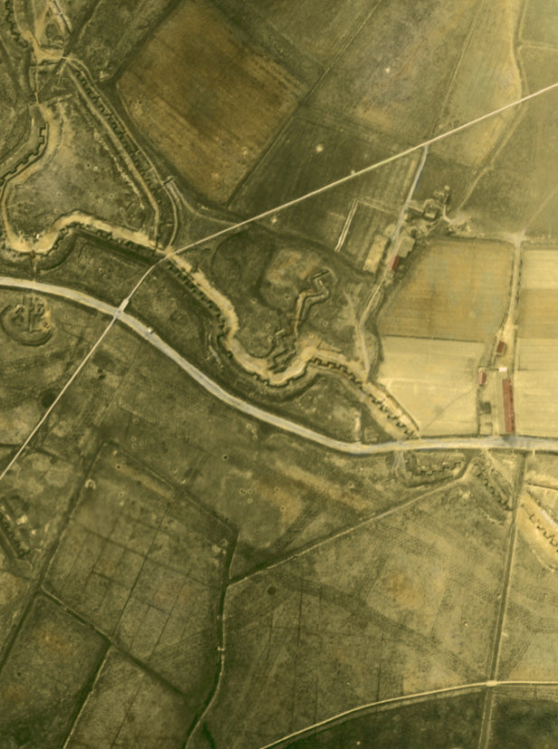 The Salient FeltPro WWI aerial combat wargame mat showing Western Front trench lines, shell craters, road and railway from altitude