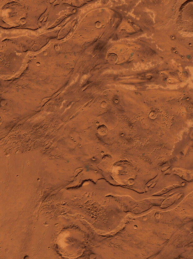 Ares Vallis FeltPro Mars wargame mat showing orbital-view Martian surface with impact craters, outflow channels, mesas and canyons in oxide red