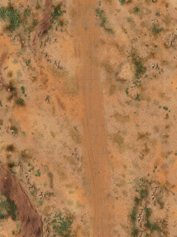 The Long Trail FeltPro Old West wargame mat with a worn dirt trail through red-orange scrubland, sage and rocky washes, for 28mm gunfight games