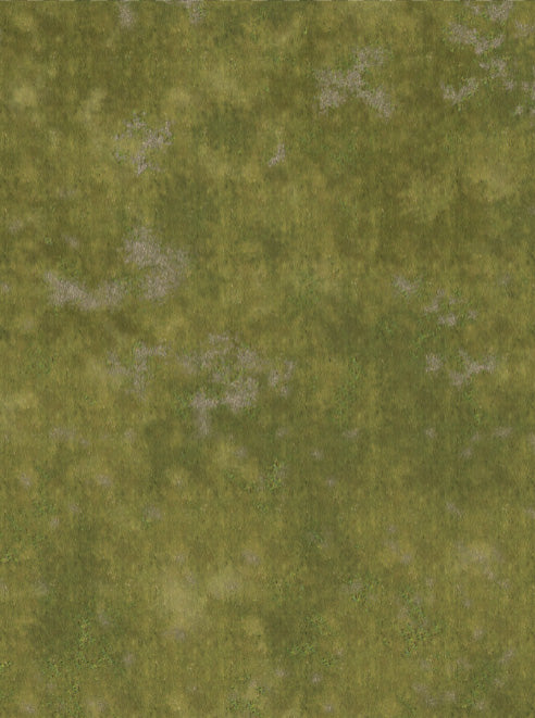 Broken Moor FeltPro grass wargame mat with mottled olive turf, pale gravel patches and low scrub, no printed features, for 6mm to 32mm gaming