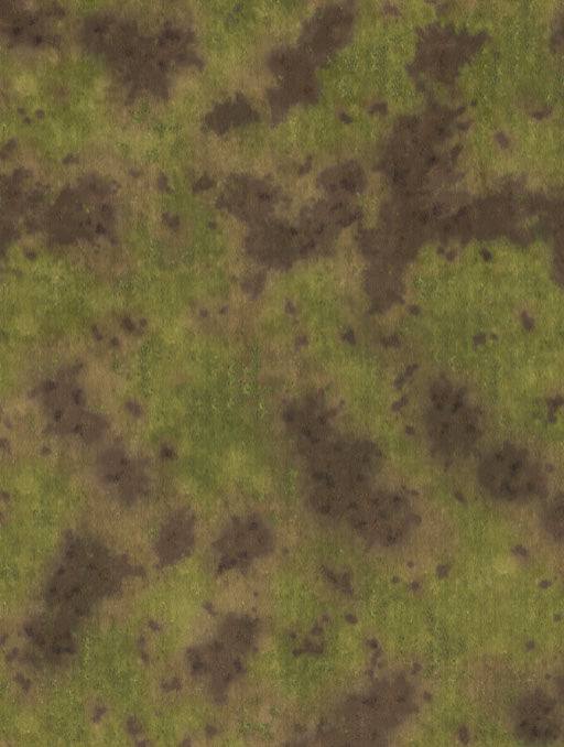 Churned Earth FeltPro wargame mat with olive grass torn open to wet brown mud in ragged patches, no printed features, for 6mm to 32mm gaming
