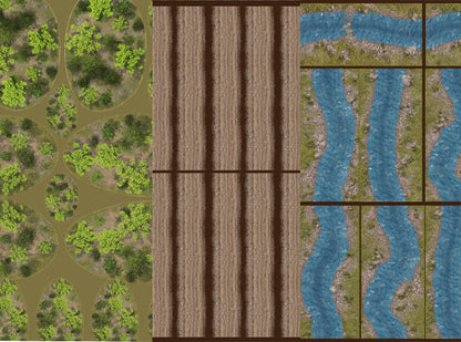 Three 30x40 FeltPro Cut &amp; Play sheets: dirt road straights, river straights and Woodland Copse