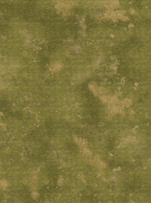 Dry Pasture FeltPro wargame mat with warm olive grass, sun-bleached straw patches and dark scrub clumps, no printed features, for 6mm to 32mm gaming