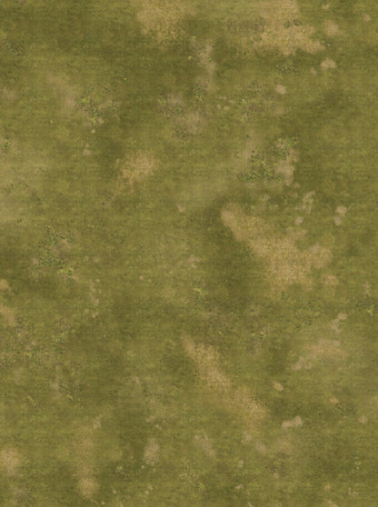 Dry Pasture FeltPro wargame mat with warm olive grass, sun-bleached straw patches and dark scrub clumps, no printed features, for 6mm to 32mm gaming
