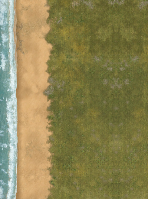 Landing Beach FeltPro wargame mat with breaking surf, open sand and dense green coastal treeline, for 15mm to 28mm amphibious assault gaming