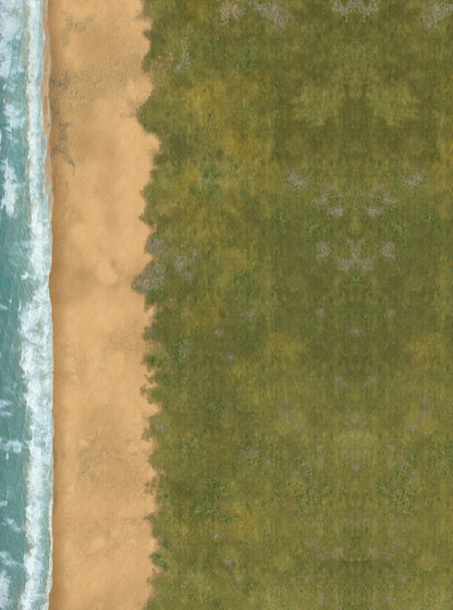 Landing Beach FeltPro wargame mat with breaking surf, open sand and dense green coastal treeline, for 15mm to 28mm amphibious assault gaming