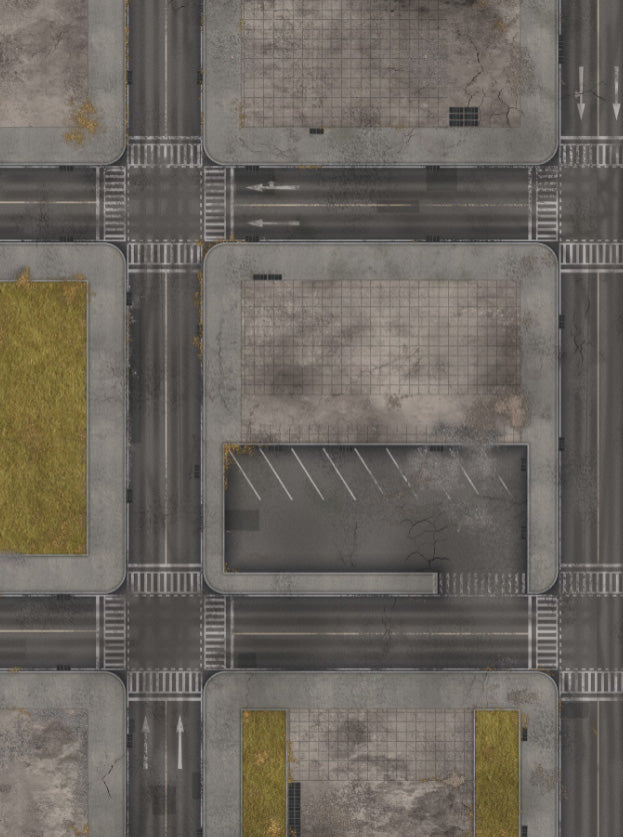 Precinct FeltPro city street wargame mat with asphalt roads, lane markings, crosswalks, concrete sidewalks and parking bays, for 28mm to 32mm urban gaming