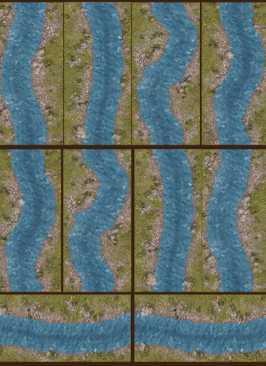 Felt sheet of straight river sections with grassy banks for wargaming, ready to cut out
