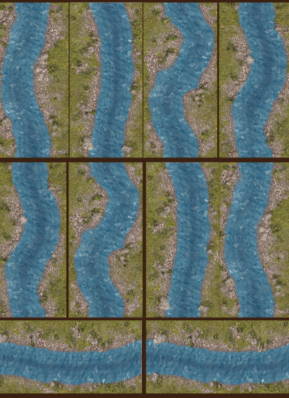 Felt sheet of straight river sections with grassy banks for wargaming, ready to cut out
