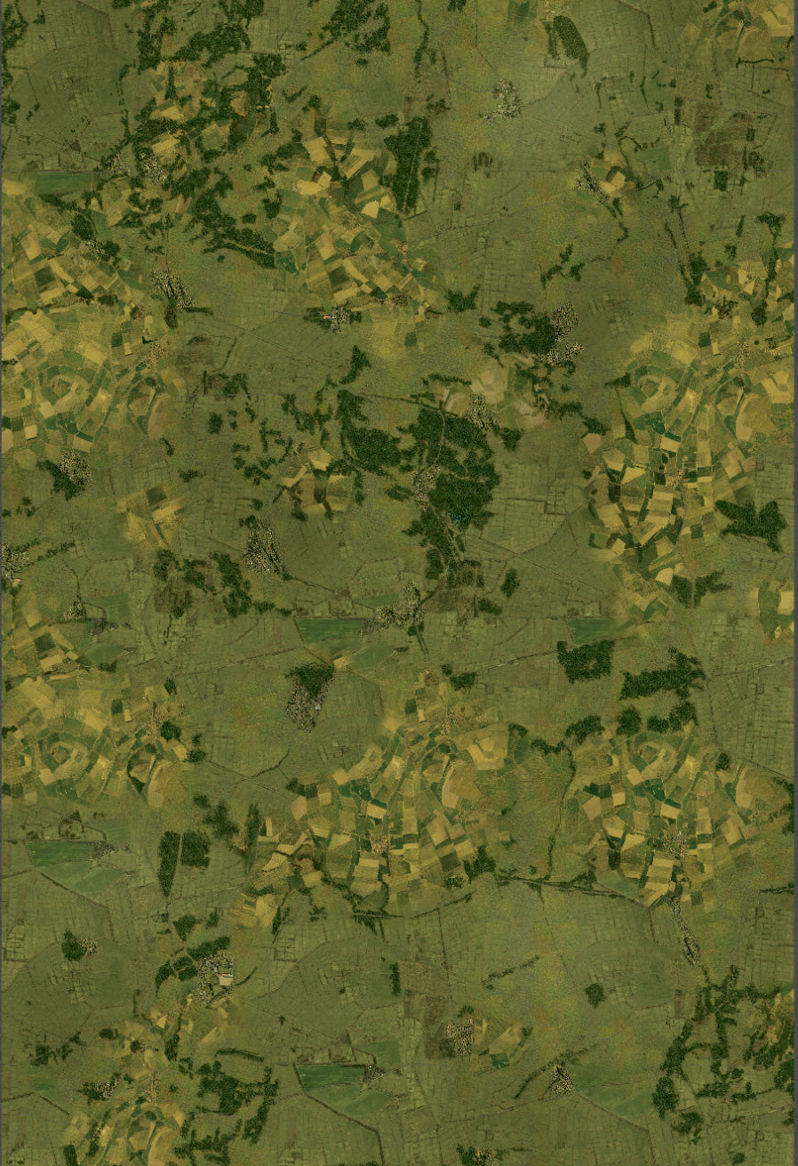 FeltPro aerial combat wargame mat showing European countryside from altitude with patchwork fields, hedgerows, woodland and villages