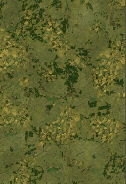 FeltPro aerial combat wargame mat showing European countryside from altitude with patchwork fields, hedgerows, woodland and villages