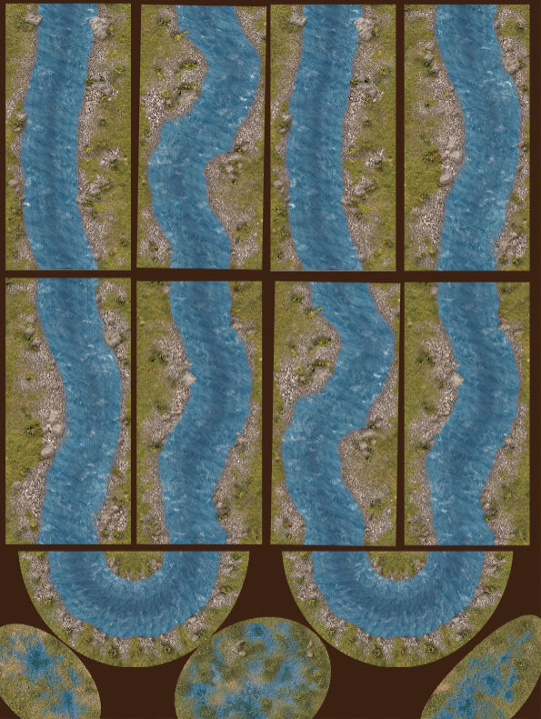 FeltPro Cut and Play Large River terrain on 50 by 60 inch felt sheet with 6 inch meandering water channel, rocky and grass banks, 8 straight sections, 2 U-bend curves, and 3 circular pond pieces for tabletop wargaming