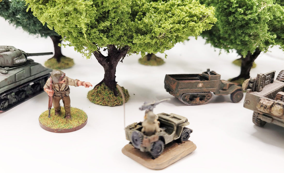 Handmade Wargaming Trees – Set of 5 Smalls | Weighted Bases | 28mm / 15mm Tabletop Terrain
