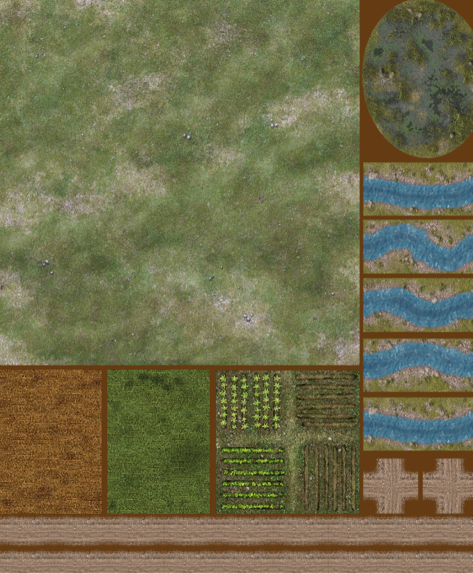 FeltPro Starter Combo Mat 50x60 felt sheet with 3x3 grassland battlefield, stream sections, dirt roads with intersections, farm fields, and marsh pond for skirmish wargaming